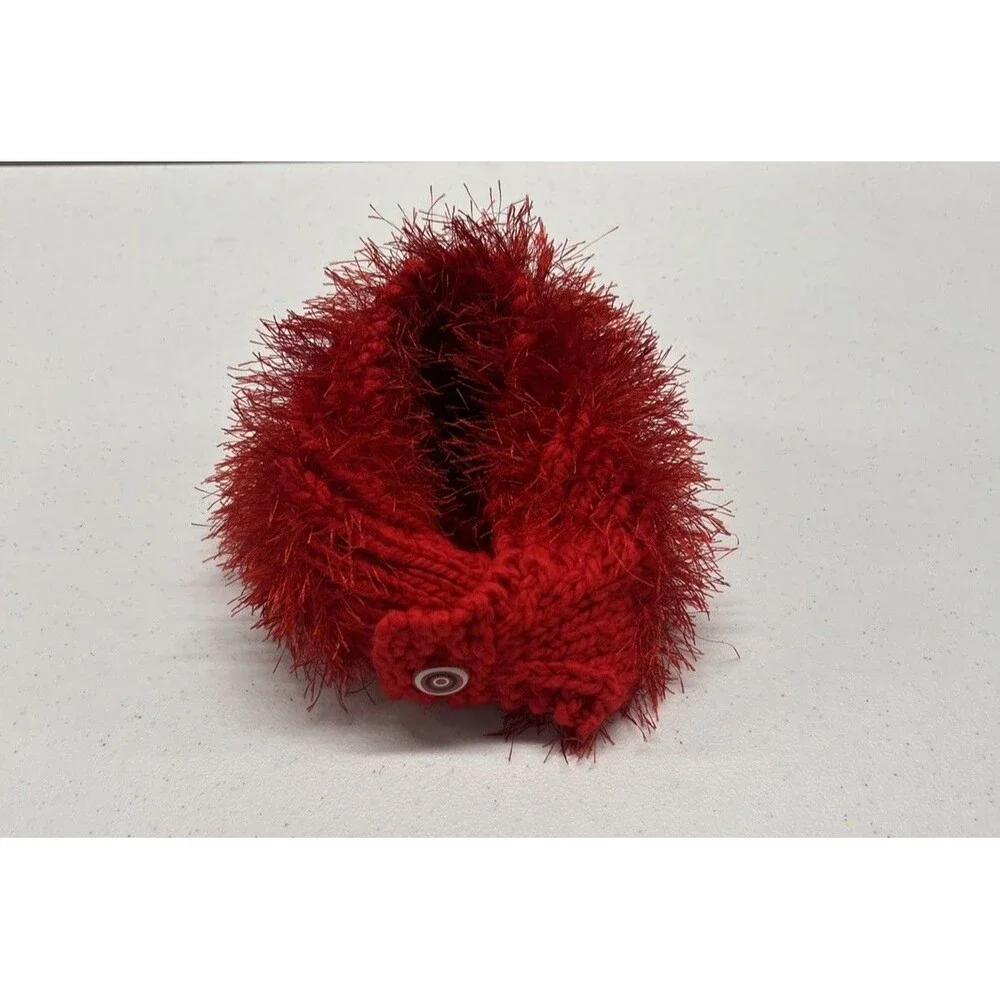 Handmade Crocheted Ear Warmer Button Handband Red Fuzzy Fun Festive Holiday